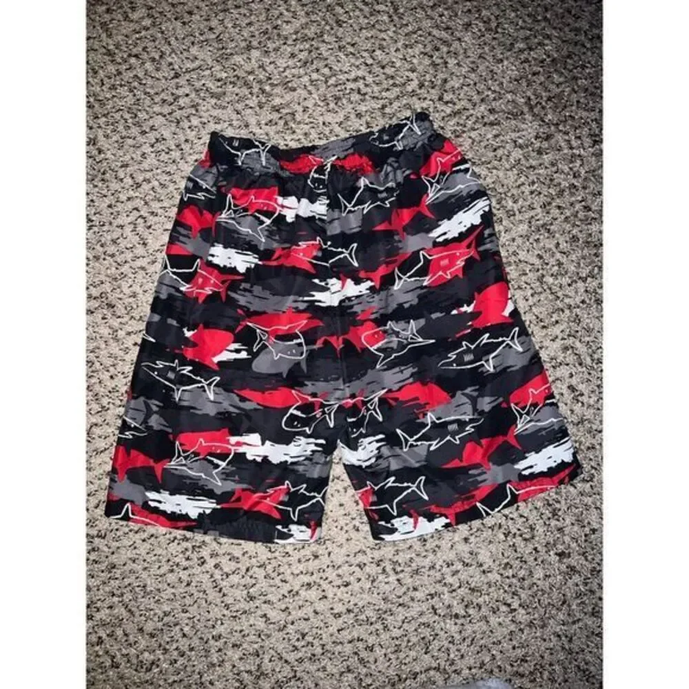 Op boys red/black/gray shark‎ swimming trunks size 10/12